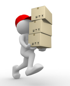 3d people - man, person with carton box ( packages) . Postman